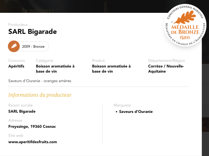 Médaille de bronze 2009 pour l'apéritif à l'orange amère